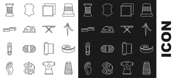 Set lijn Naaigaren op de spoel, Bandmaat, Naald om mee te naaien, Textielrol, Elektrische strijkijzer en strijkbordpictogram. Vector — Stockvector