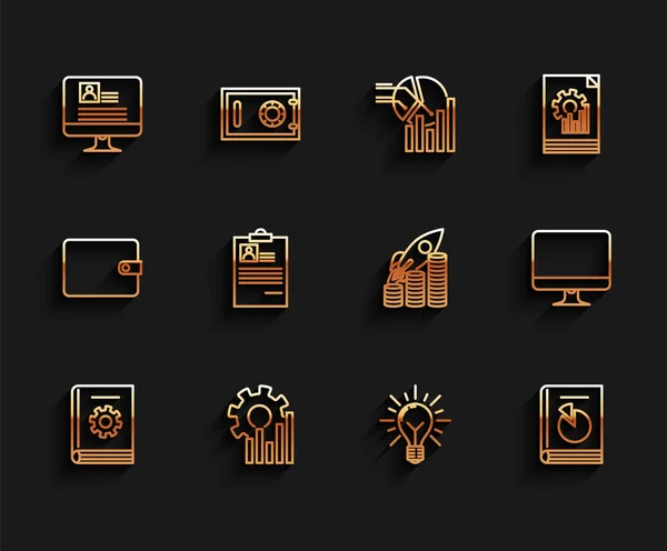 Definir linha Manual do usuário, gráfico de pizza infográfico, monitor de computador com currículo, luz raios de lâmpada brilho e conceito de ideia, área de transferência, tela e foguete voando para cima ícone de crescimento de moedas. Vetor — Vetor de Stock