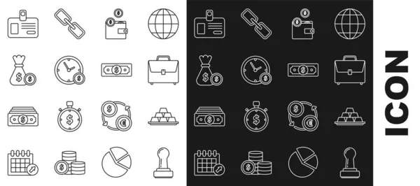 Set line Stamp, Arany rúd, aktatáska, Pénztárca érmékkel, Az idő pénz, Pénzeszsák és, Azonosító jelvény és halom papír készpénz ikon. Vektor — Stock Vector