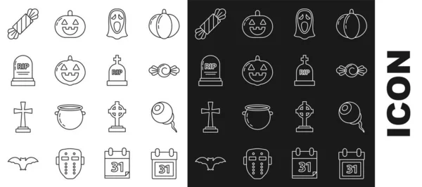 Set line Kalender met Halloween datum 31 oktober, Eye, Candy, Grappig eng spook masker voor, Pompoen, Tombstone RIP, en pictogram. Vector — Stockvector