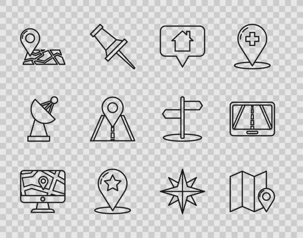 Set line Monitor und gefaltete Karte mit Standort, gefaltetem Marker, Kartenzeiger Haus, Stern, Verkehrszeichen, Windrose und Infografik des Stadtnavigationssymbols. Vektor — Stockvektor