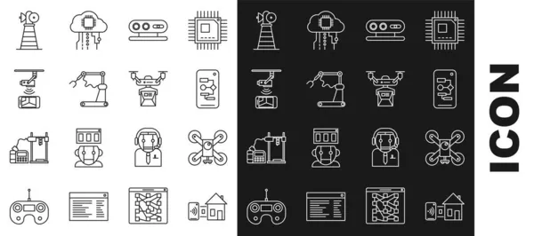 스마트 홈, 알고리즘 , 3d 스캐닝 시스템, 산업 기계 로봇 팔 공장, 무선 제어 CCTV 보안, 안테나 및 배송 컨셉트 아이콘을 설정 한다. Vector — 스톡 벡터
