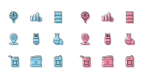 Set line Conteneur pour essence, huile de machine à moteur, jauge de moteur, réservoir de propane, tube à essai d'essence, emplacement du carburant de recharge et graphique à secteurs infographie et icône dollar. Vecteur — Image vectorielle