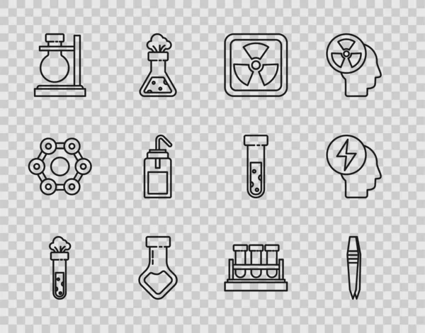 Set line Tubo de ensayo y matraz químico, pinzas, radiactivo, en el soporte, botella de lavado de laboratorio, y el icono de símbolo eléctrico de la cabeza. Vector — Archivo Imágenes Vectoriales