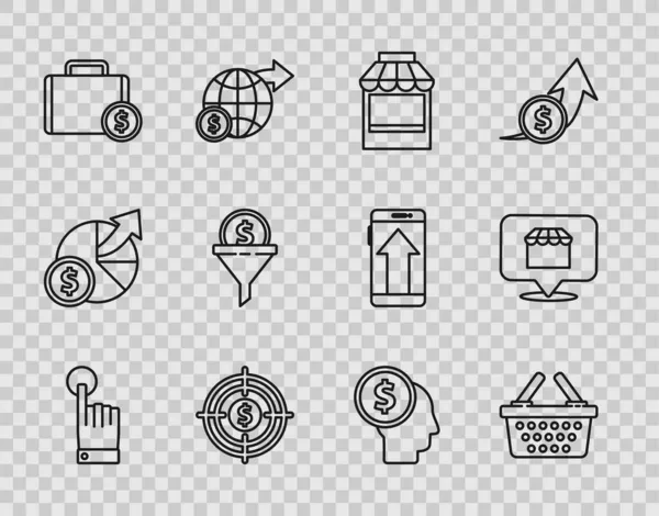 Set line Hand touch and tap gesture, Shopping basket, building or market store, Target with dollar, Briefcase money, Lead management, Business planning mind and Online shopping concept icon. Vector — Stock Vector