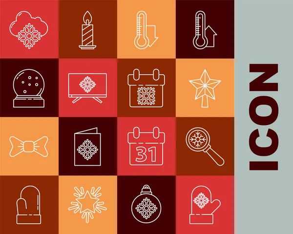 Set line Guante de Navidad, Lupa con copo de nieve, estrella, Termómetro meteorológico de medición, Feliz en la televisión, globo caído, Nube y calendario icono. Vector — Vector de stock