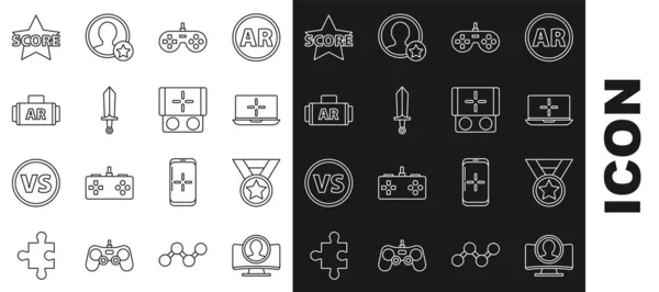 Set line Create account screen, Medal, Laptop, Gamepad, Sword for game, Ar, augmented reality, Star and Portable video console icon. Vector — Stock Vector