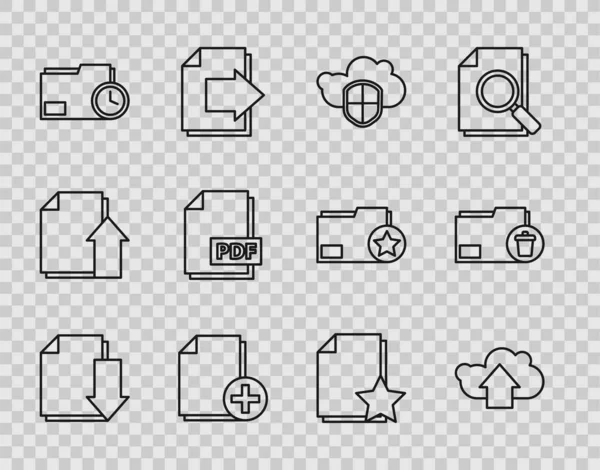 Imposta la linea Documento con download, upload cloud e scudo, Aggiungi nuovo file, orologio cartella, documento PDF, stella e icona Elimina. Vettore — Vettoriale Stock