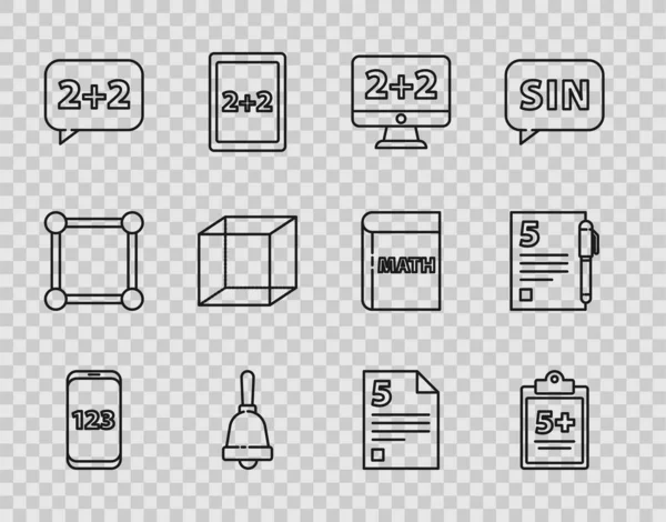 Ställ in rad Bok med ord matematik, Matematik funktion sinus, Diagram, schema, diagram, Test tentamen blad, Funktion matematisk symbol, oändlighet och öppen bok ikon. Vektor — Stock vektor