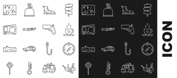 İsviçre çakısı, pusula, kahve fincanı, yürüyüş botu, kamp, antenli radyo, katlanmış harita konumu ve işaret fişeği tabancası ikonu. Vektör — Stok Vektör