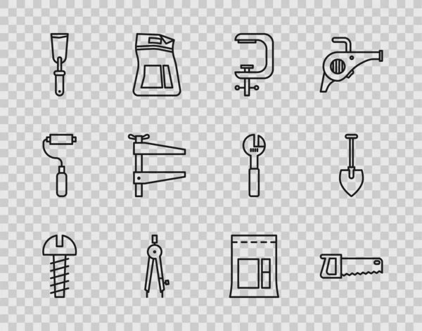 Set line Metallic skruv, Hand såg, klämverktyg, Ritning kompass, Putty kniv, Cement väska och skyffel ikon. Vektor — Stock vektor