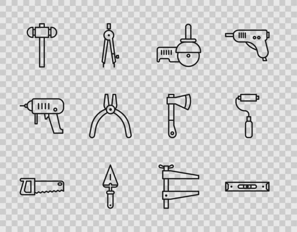 Set line Hand saw, Construction bubble level, Angle grinder, Trowel, Sledgehammer, Pliers tool, Clamp and Paint roller brush icon. Vector — Stock Vector