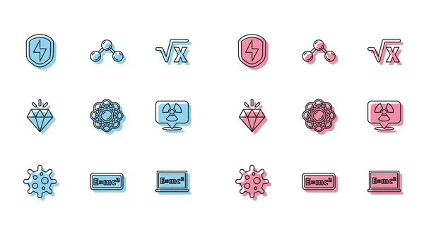 Set line Virus, Solución de ecuaciones, Escudo seguro con rayo, Átomo, Ubicación radiactiva, Diamante y Molécula icono. Vector — Archivo Imágenes Vectoriales