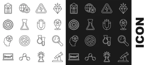 Stel lijntelescoop, vergrootglas, radioactieve locatie, hoogspanning, reageerbuis en -kolf, zonnestelsel, stralingswaarschuwingsdocument en magneetpictogram in. Vector — Stockvector