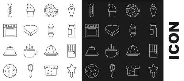 Set Lutscher, Schokoriegel, Flasche mit Milch, Donut, Süßigkeiten in herzförmiger Schachtel, Backofen, französisches Baguette-Brot und Brot-Laib-Symbol. Vektor — Stockvektor