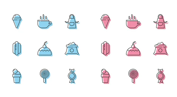 Set line Ice cream, Lollipop, in waffle cone, Candy, Cake, Bag of flour, Hotdog sandwich and Coffee cup icon. Vector — Stock Vector