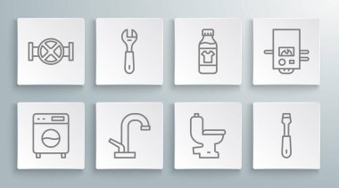 Hat açıcı, İngiliz anahtarı, su musluğu, klozet, tornavida, temizlik maddesi için şişe, gaz kazanı ve sanayi borusu ve kapakçık ikonu. Vektör