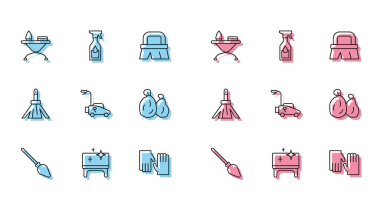 Sıralı süpürge, temizlik masası, ütü masası, lastik eldivenler, çim biçme makinesi, çöp torbası ve temizlik spreyi ikonu. Vektör