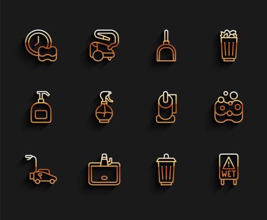 Çim biçme makinesi, lavabo, bulaşık, çöp tenekesi, yer altı, su püskürtme şişesi, sünger ve tuvalet kağıdı rulosu ikonu. Vektör