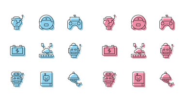 Robot bataryasını ayarlayın, kullanıcı kılavuzu, akıllı gözlükler, garson robot, fabrikada robot kolu, pili ve elektrik süpürgesi ikonu. Vektör