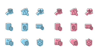 Güvenlik hattını kalkan, hayat sigortası, ev işi, takvim, kredi kartı, para ve taşkın ikonu ile belirleyin. Vektör