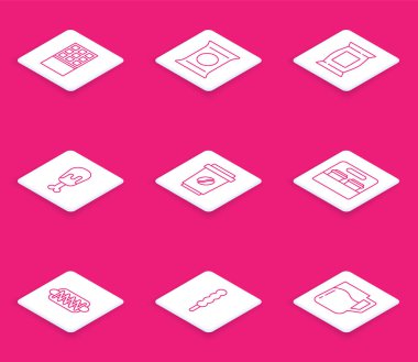 Çikolata, patates cipsi, tavuk budu, kahve fincanı, Hotdog sandviçi ve lolipop ikonu. Vektör