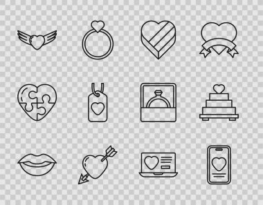 Sıralı Gülümseyen Dudaklar, Online randevu uygulaması ve sohbet, Şeker Kalp şeklinde kutu, Oklu Amour, Kalp kanatları, etiket, Randevu ve Düğün pastası ikonu. Vektör