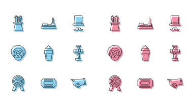 Set hattı Target, Sirk bileti, Sihirbaz şapkası ve tavşan kulakları, Top, Dondurma, Craction Atlıkarınca, Vahşi Aslan ve Bumper ikonu. Vektör