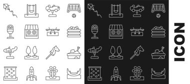 Çizgi tekne salıncağı, kum dolu kum havuzu, sallanan araba, atış poligonu, çöp kutusu, uçurtma ve tahterevalli ikonu. Vektör