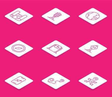 Çizgi haritası, trafik ışığı, dünya küresi, pusula, trafik levhası, dur, şehir navigasyon ve güzergah ikonu. Vektör