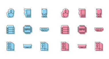 Satır Case of computer, laptop, Computer mouse, işlemci with CPU, RAM, Rastgele erişim belleği, Sunucu, Data, Web Sunucu ve SD kart simgesini ayarla. Vektör