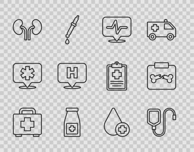 İlk yardım çantasını, serum torbasını, kalp atış hızını, ilaç şişesini ve hapları, insan böbreklerini, konum hastanesini, kırık kemik ikonuyla kan ve röntgen filmlerini hazırla. Vektör