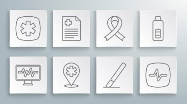 Hat monitörünü kardiyogram, hasta kaydı, konum hastanesi, cerrahi neşter, kalp atış hızı, farkındalık kurdelesi, dijital termometre ve acil durum ikonu ile ayarla. Vektör