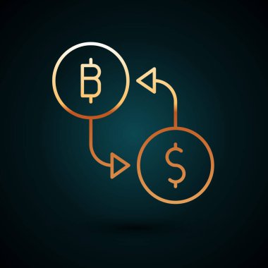 Altın çizgi kripto döviz simgesi koyu mavi arka planda izole edildi. Bitcoin 'den dolar takas simgesine. Kripto para teknolojisi, mobil bankacılık. Vektör