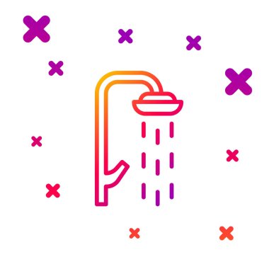 Renkli duş başlığı, beyaz zemin üzerinde su damlaları akan ikon izole edilmiş. Kademeli rastgele dinamik şekiller. Vektör