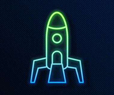 Parlayan neon hattı roket gemisi simgesi mavi arkaplanda izole edildi. Uzay yolculuğu. Vektör
