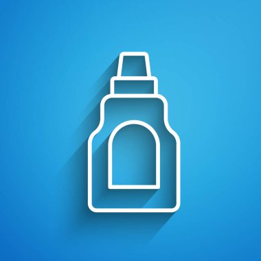 Beyaz çizgi plastik şişe çamaşır deterjanı, çamaşır suyu, bulaşık deterjanı ya da mavi arka planda izole edilmiş başka bir temizlik maddesi. Uzun gölge. Vektör