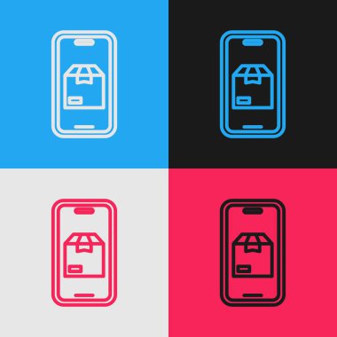 Pop Art Line Mobil akıllı telefon ve uygulama dağıtım ikonu renk arkaplanında izole. Paket takibi. Vektör