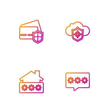 Satır Parola Koruması, Şifreli Ev, Kredi kartı Kalkanı ve Bulut ve... Renk simgeleri. Vektör