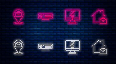 Web kamerasını, dilsiz mikrofonu bilgisayara ayarla, çevrimiçi çalışıyor ve... Tuğla duvarda parlayan neon simgesi. Vektör