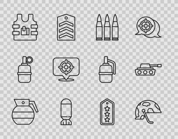 Set line Hand grenade, Military helmet, Bullet, Aviation bomb, Bulletproof vest, Target sport, rank and tank icon. Vector — Stock Vector