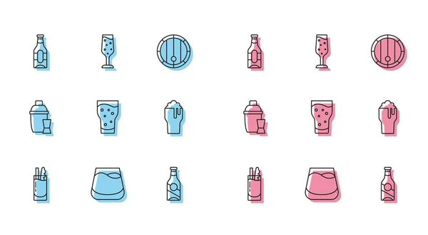 Коктейль Кровавая Мэри, стакан виски, бутылка пива, пиво, шейкер и икона шампанского. Вектор — стоковый вектор