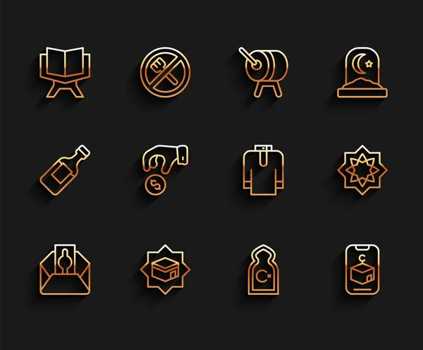 Set line Donar o pagar su zakat, Kaaba mezquita, Libro Sagrado del Corán, Mezquita Musulmana, Estrella y media luna, Octagonal estrella y Camisa kurta icono. Vector — Vector de stock