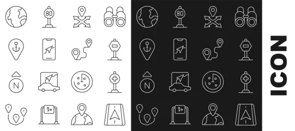 Setzen Sie Linie Stadtplan Navigation, Standort mit Kreuz Krankenhaus, Stoppschild, Anker, Erdkugel und Route Standort Symbol. Vektor — Stockvektor
