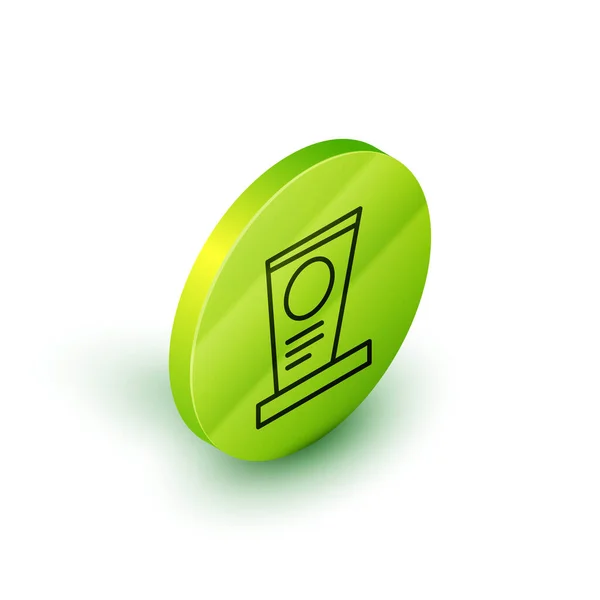 Linha isométrica Túmulo com ícone de lápide isolado sobre fundo branco. Botão de círculo verde. Vetor — Vetor de Stock