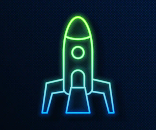 Linha de néon brilhante Ícone do navio foguete isolado no fundo azul. Viagem espacial. Vetor — Vetor de Stock