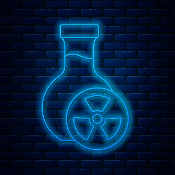 Λαμπερό νέον γραμμή Εργαστήριο χημικών ποτήρι ζέσεως με τοξικό υγρό εικονίδιο απομονώνονται σε τοίχο φόντο τούβλο. Σύμβολο βιολογικού κινδύνου. Επικίνδυνο σύμβολο με εικονίδιο ακτινοβολίας. Διάνυσμα — Διανυσματικό Αρχείο