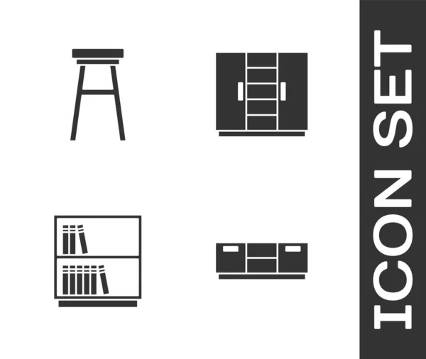 Set Meubles table de chevet, chaise, bibliothèque étagère et armoire icône. Vecteur — Image vectorielle