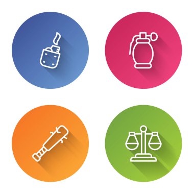 Çizgi çakmak, el bombası, çivili beyzbol sopası ve adalet terazisi. Renkli daire düğmesi. Vektör