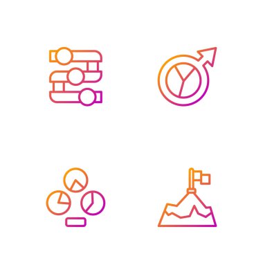 Bayrak, pasta grafiği, grafik, grafik, diyagram ve finansal büyüme ile çizgi dağlarını ayarlayın. Renk simgeleri. Vektör